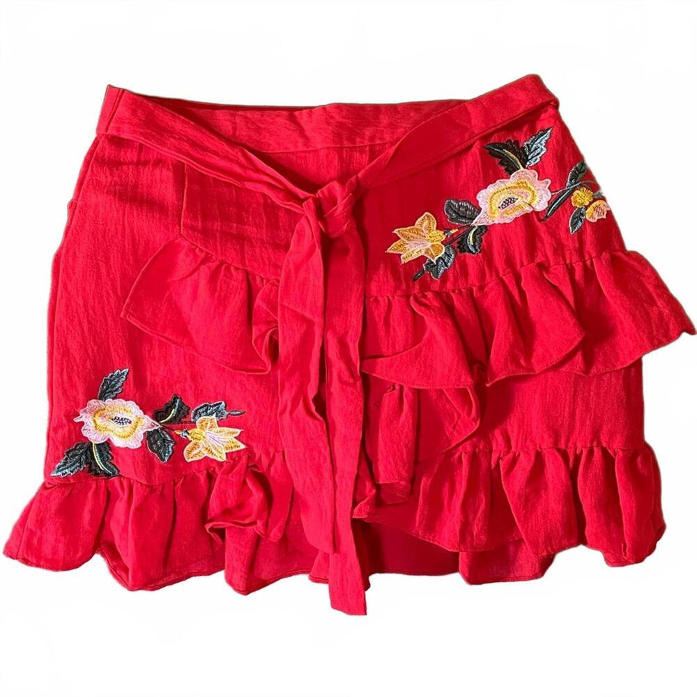 Red Floral Embroidered Ruffle Skirt